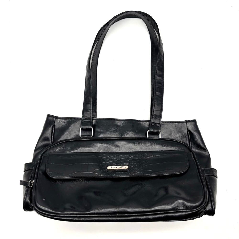 2000 Jaclyn Smith Black Gloss Faux Croc Large Organizer Shoulder Purse 16x10"